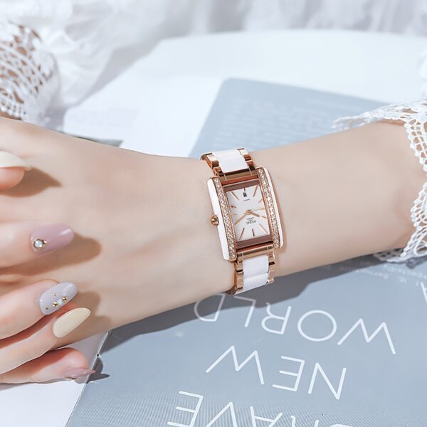 Celestial Dusk Ceramic Square Watch: Rose gold and ceramic band, square watch face with white dial.