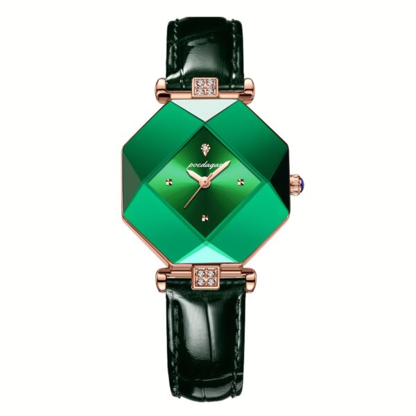 POEDAGAR Women's Elegant Quartz Watch, Vintage Style, Green Dial with Rose Golden Accents, PU Leather Strap