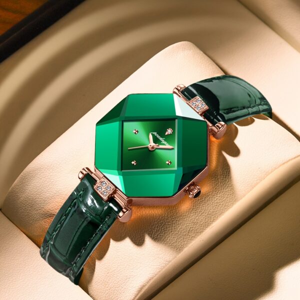 POEDAGAR Women's Elegant Quartz Watch, Vintage Style, Green Dial with Rose Golden Accents, PU Leather Strap