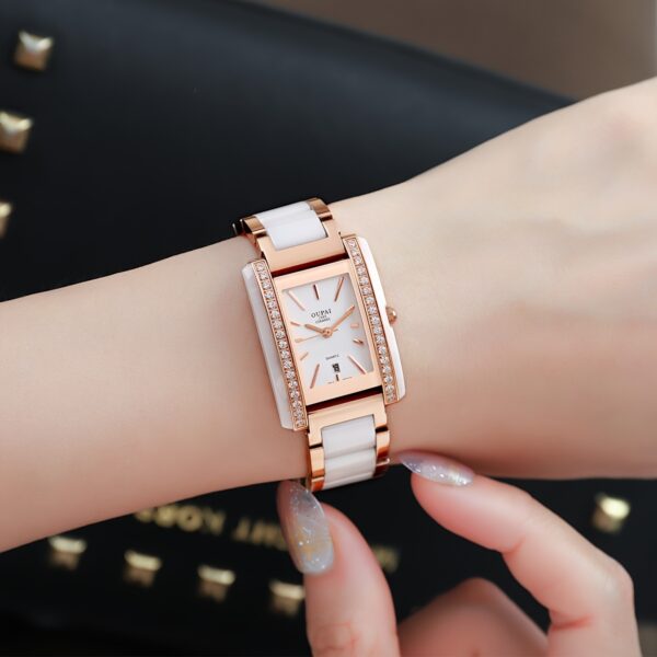 Celestial Dusk Ceramic Square Watch: Rose gold and ceramic band, square watch face with white dial.