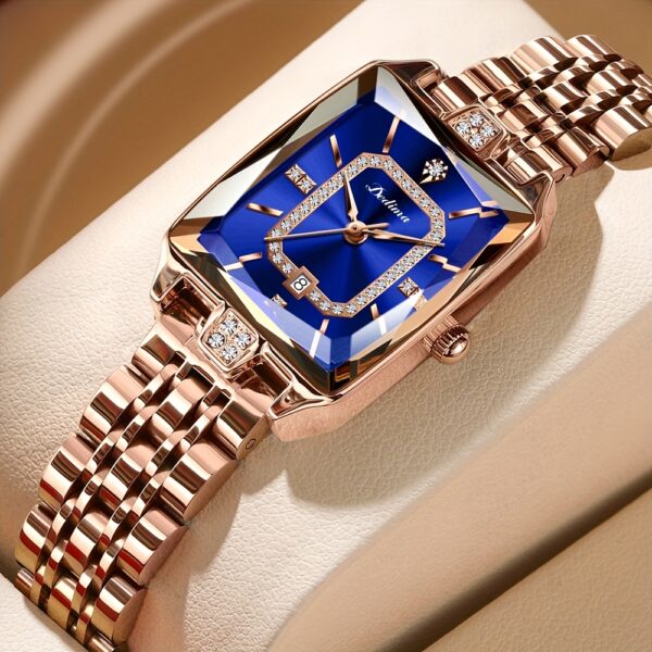 Emerald Elegance Square Quartz Watch by Newness: A sophisticated square watch with an emerald green face, showcasing modern elegance on a woman's wrist.