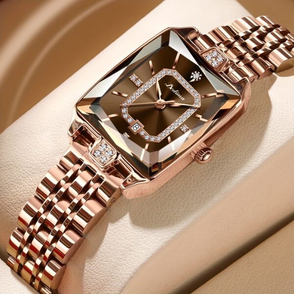 Emerald Elegance Square Quartz Watch by Newness: A sophisticated square watch with an emerald green face, showcasing modern elegance on a woman's wrist.