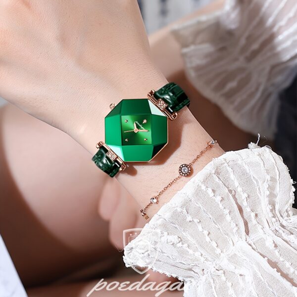 POEDAGAR Women's Elegant Quartz Watch, Vintage Style, Green Dial with Rose Golden Accents, PU Leather Strap