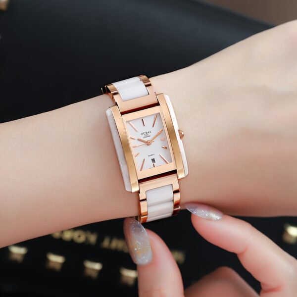Celestial Dusk Ceramic Square Watch: Rose gold and ceramic band, square watch face with white dial.