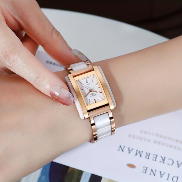 Celestial Dusk Ceramic Square Watch: Rose gold and ceramic band, square watch face with white dial.